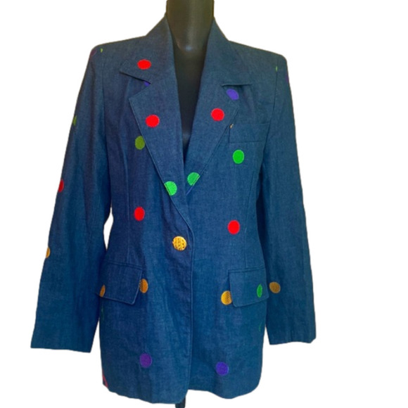 Zara L’Ange Polka Dot Denim 90’s Single Button Longline Blazer Sz 10 Art to Wear - Picture 1 of 8